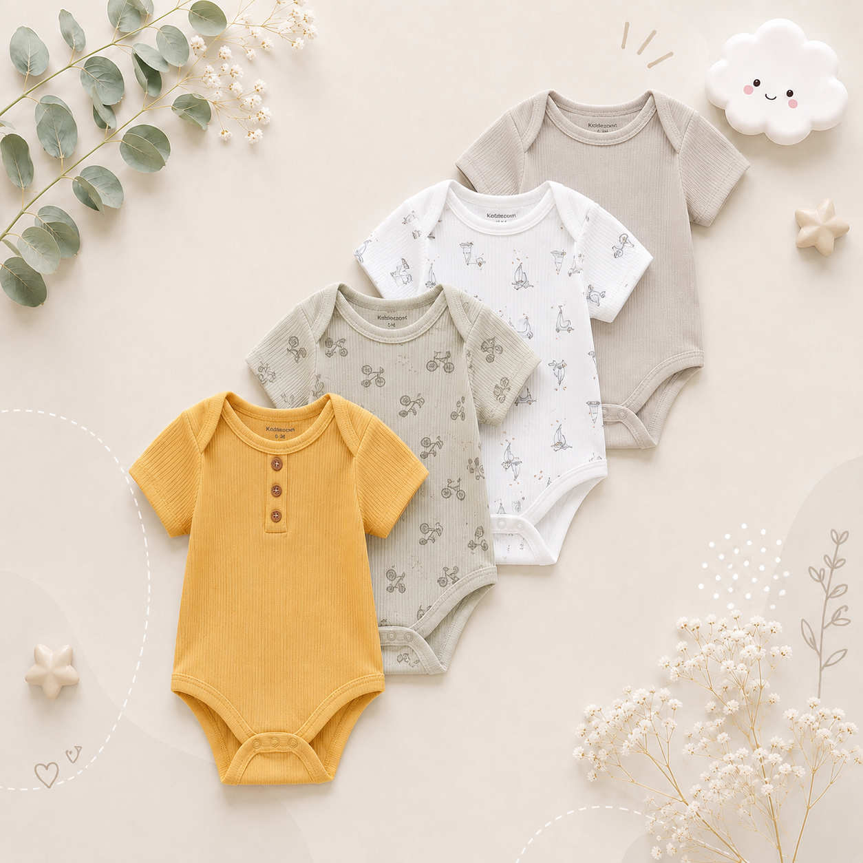 The Caleb - Baby Unisex 4pcs Cartoon Print Bodysuits AA