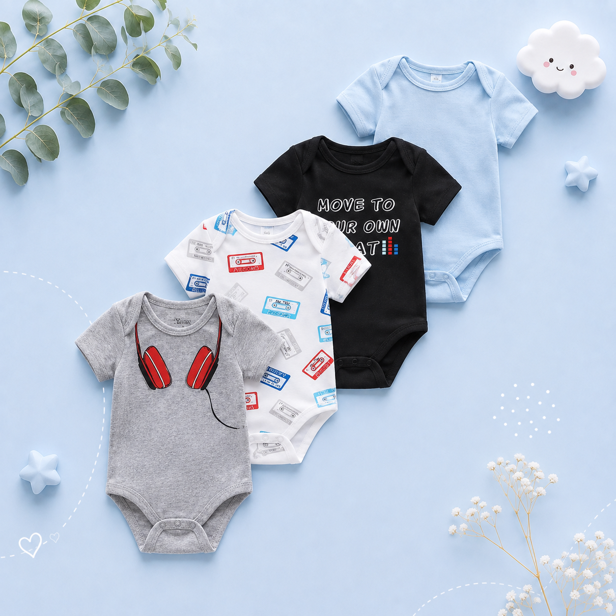 The Caleb - Baby Unisex 4pcs Cartoon Print Bodysuits