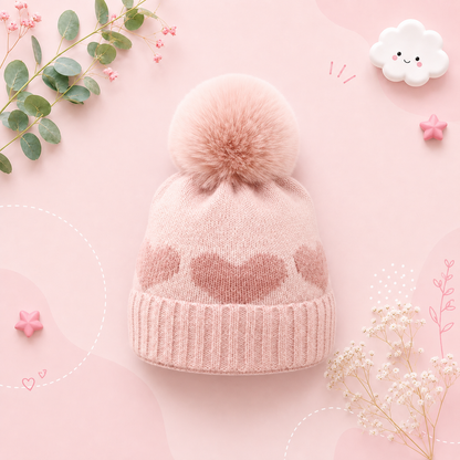 The Halo - Baby Fur Pompom Heart Printed Hat