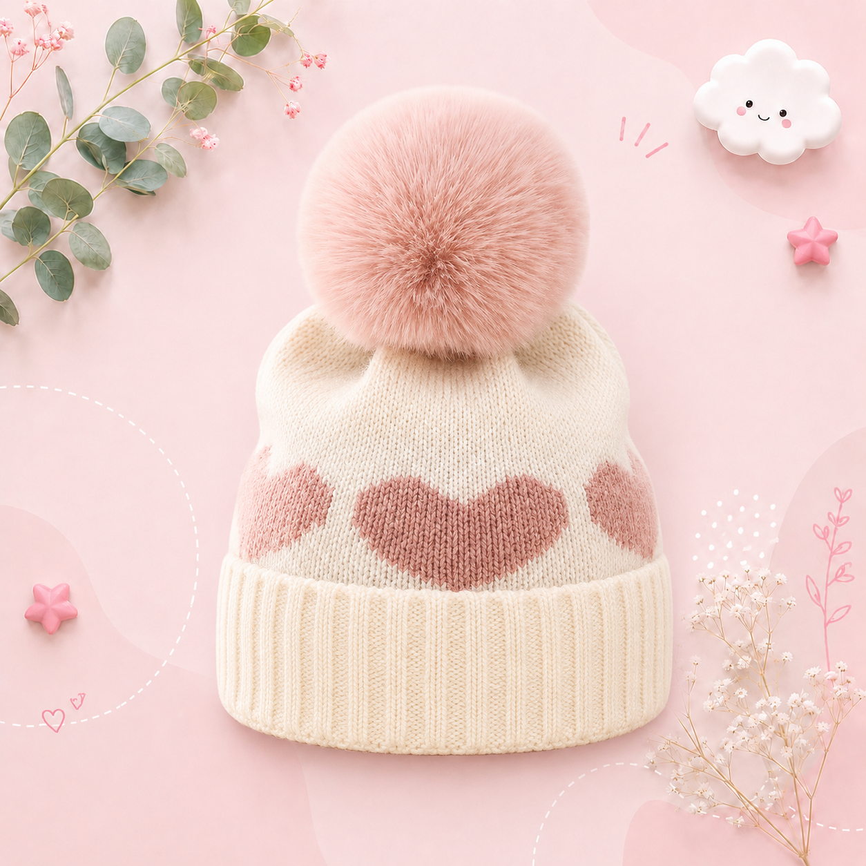 The Halo - Baby Fur Pompom Heart Printed Hat