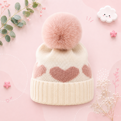 The Halo - Baby Fur Pompom Heart Printed Hat