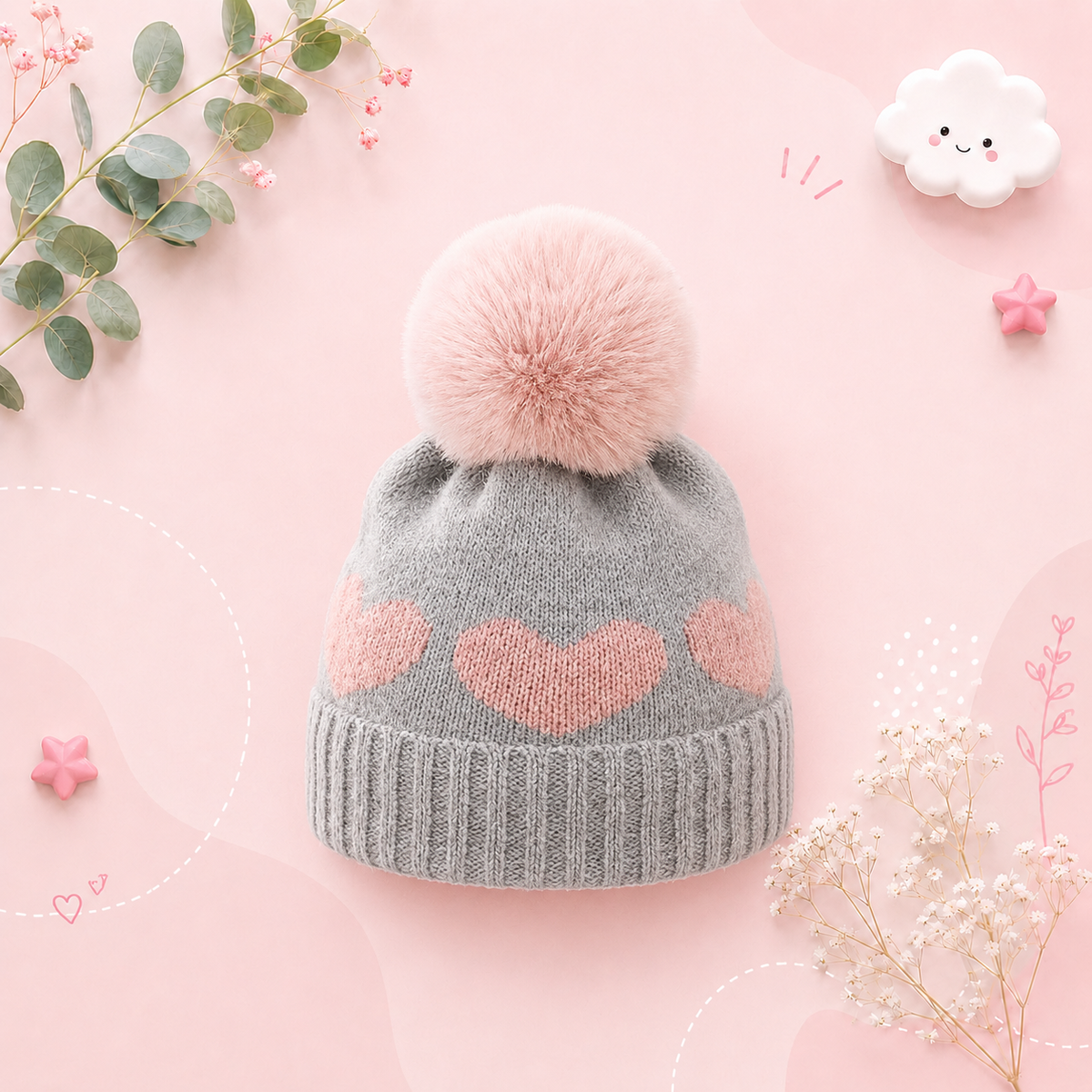 The Halo - Baby Fur Pompom Heart Printed Hat