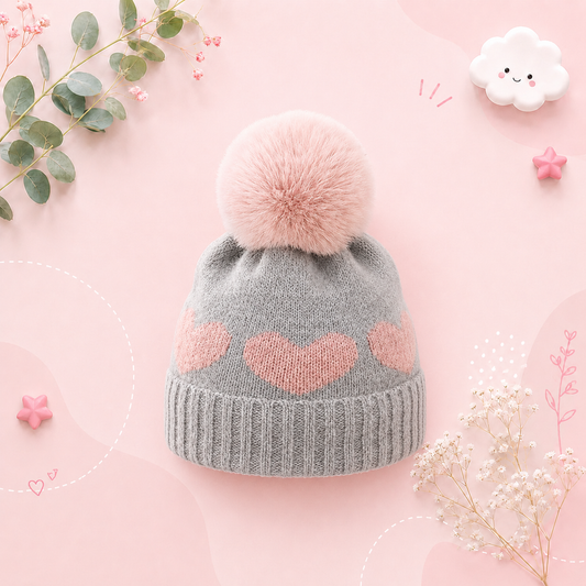 The Halo - Baby Fur Pompom Heart Printed Hat