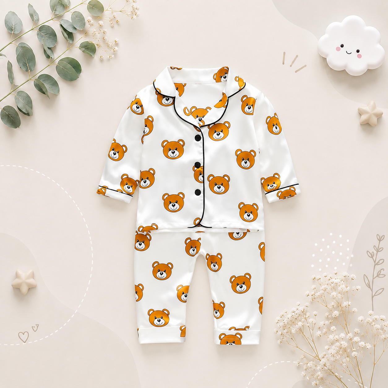 The Aziel - Baby White Bear Print Pajamas Set