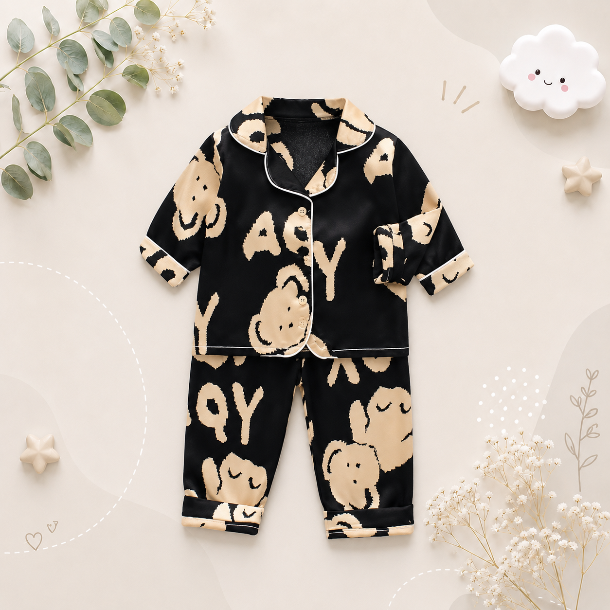 The Jodie - Baby Unisex Cute Print Pajamas Set - Bear & Letters Print