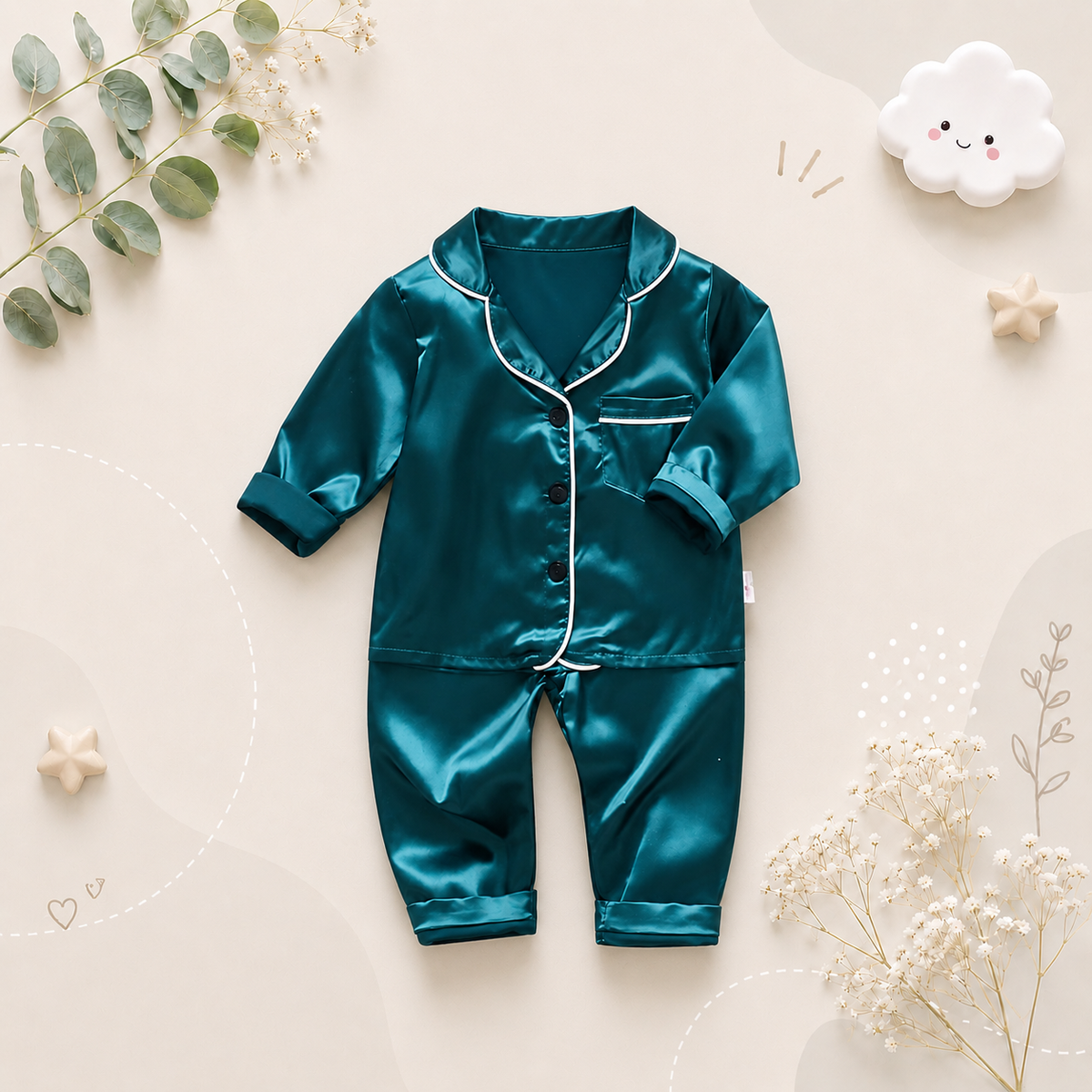 The Jodie - Baby Unisex Cute Print Pajamas Set - Plain Green