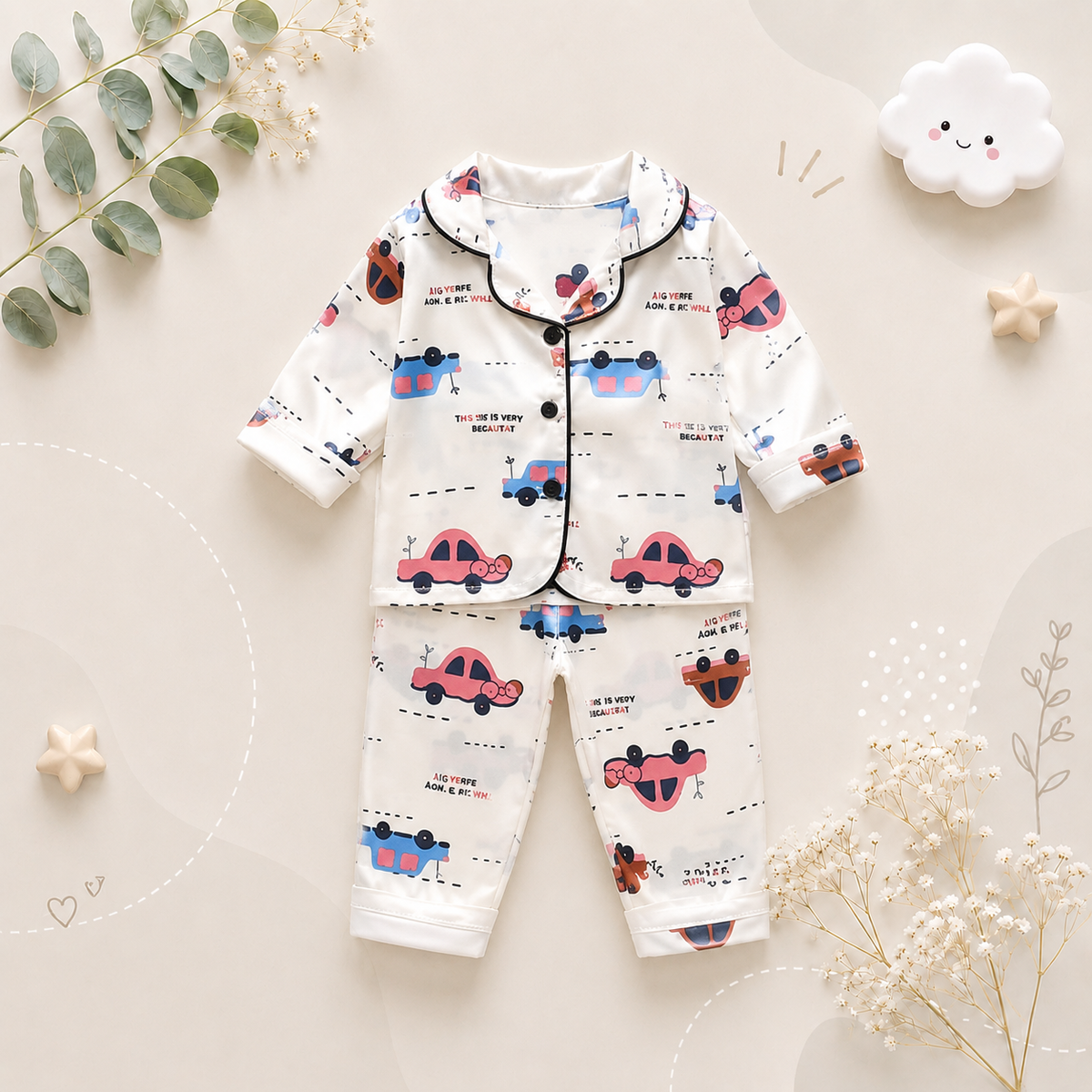 The Jodie - Baby Unisex Cute Print Pajamas Set - Beige Cars Print