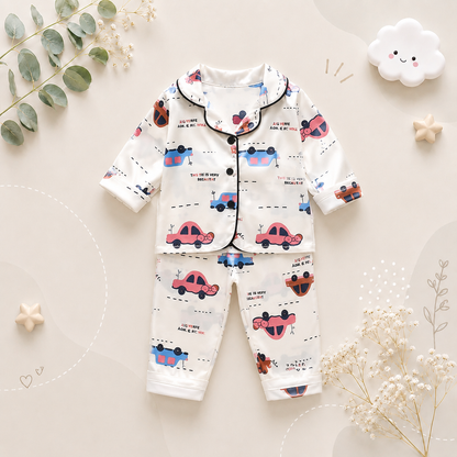 The Jodie - Baby Unisex Cute Print Pajamas Set - Beige Cars Print