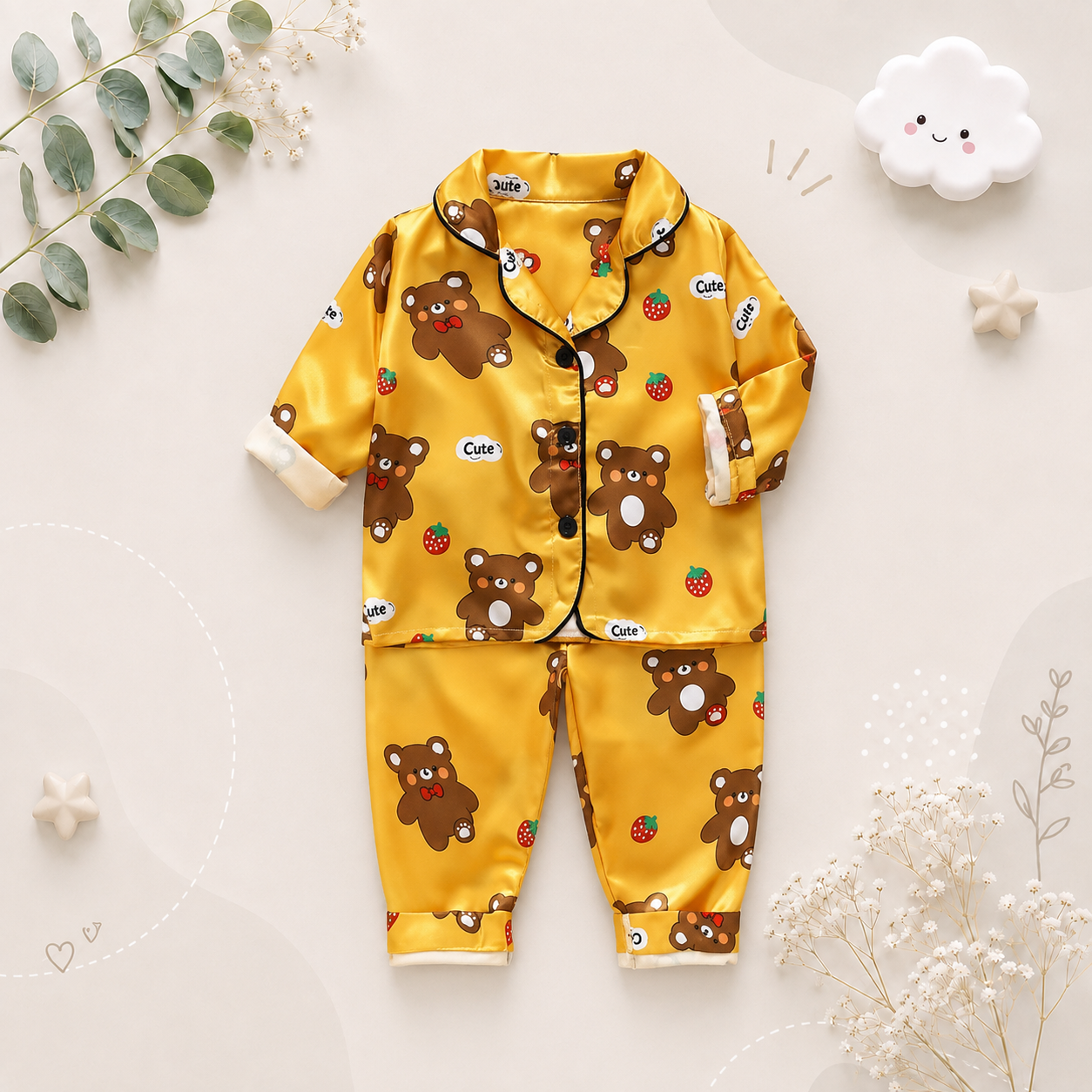 The Jodie - Baby Unisex Cute Print Pajamas Set - Orange Bear Print
