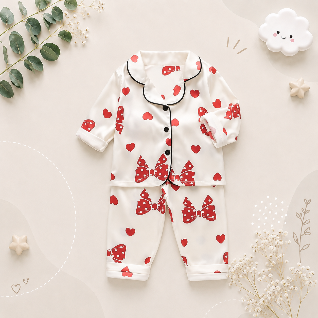 The Jodie - Baby Unisex Cute Print Pajamas Set - Beige Heart Print
