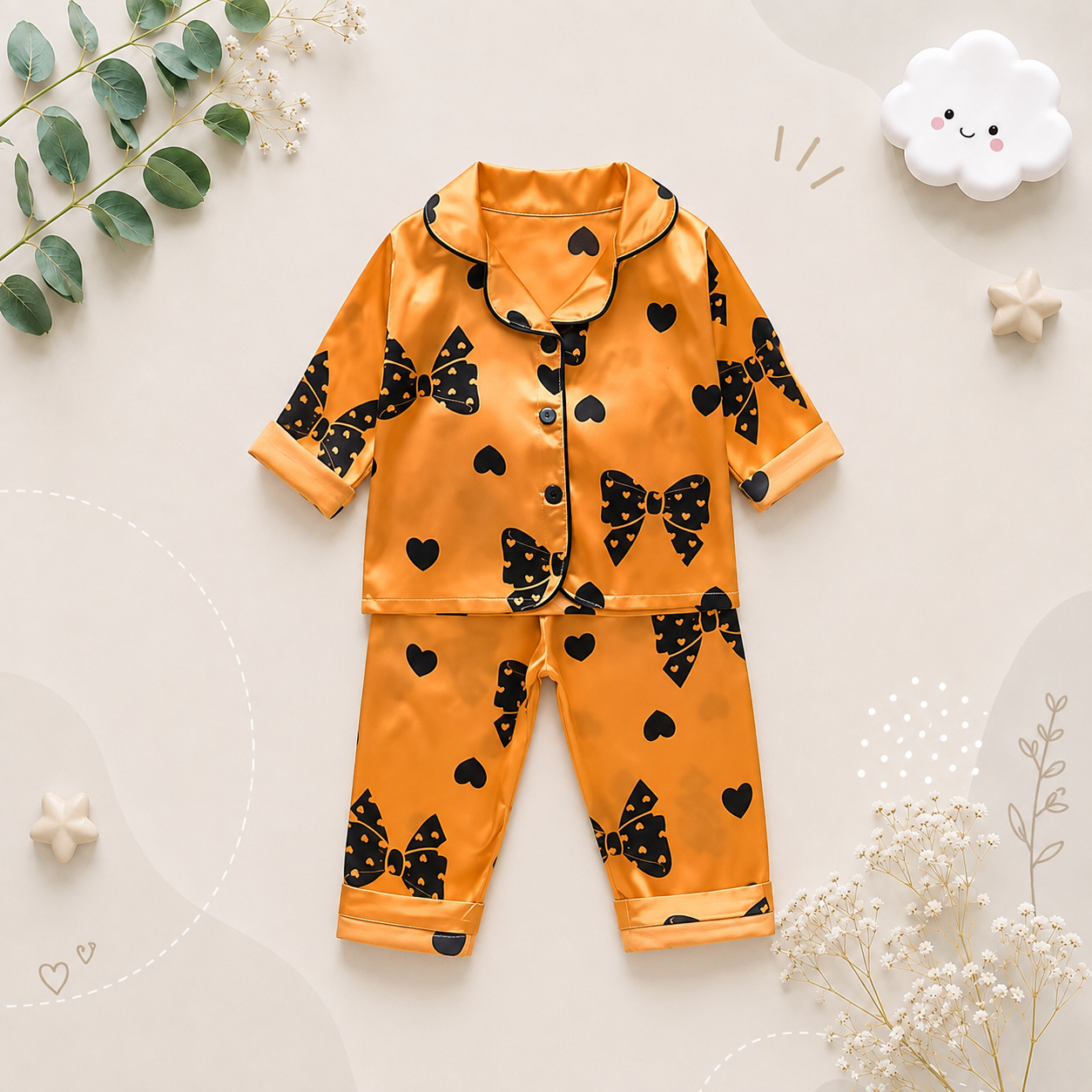 The Jodie - Baby Unisex Cute Print Pajamas Set - Orange Ribbon Print