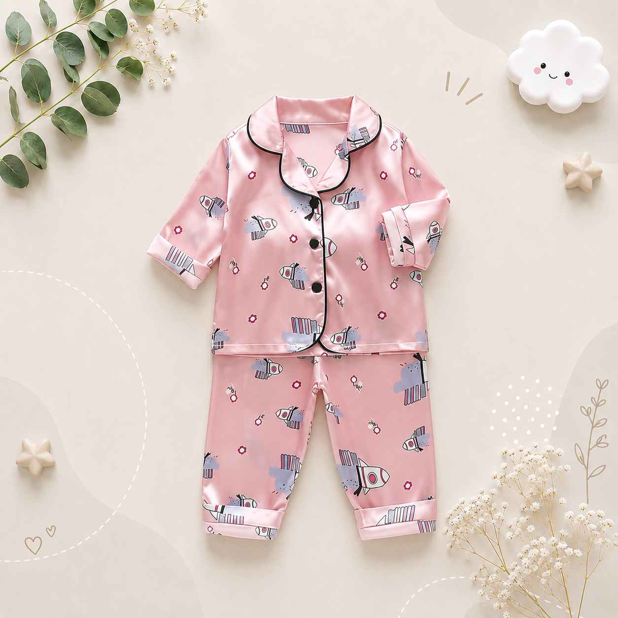 The Jodie - Baby Unisex Cute Print Pajamas Set - Pink Spaceship Print