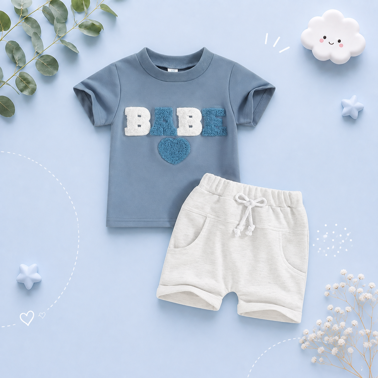 The Devon - Baby Unisex Fuzzy Heart Letter Embroidery Short Sleeve T-Shirts & Shorts