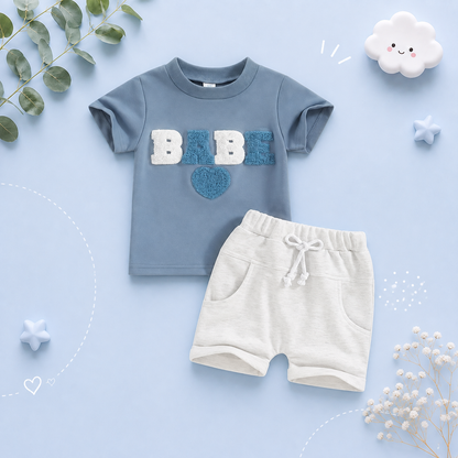 The Devon - Baby Unisex Fuzzy Heart Letter Embroidery Short Sleeve T-Shirts & Shorts