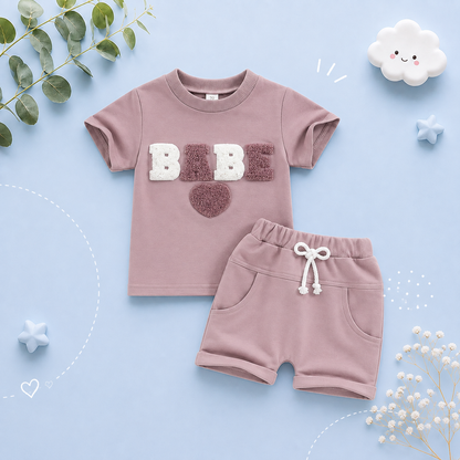 The Devon - Baby Unisex Fuzzy Heart Letter Embroidery Short Sleeve T-Shirts & Shorts