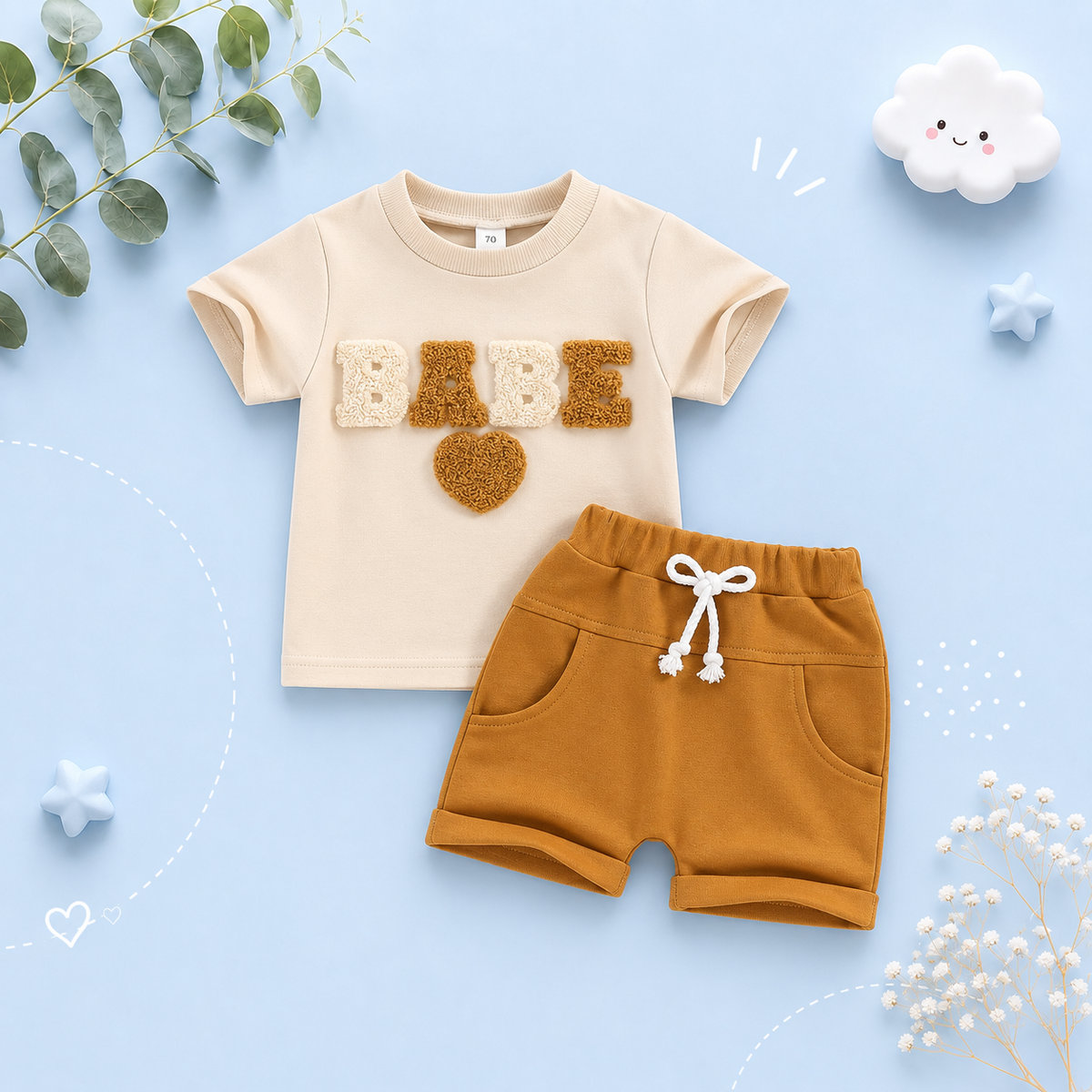 The Devon - Baby Unisex Fuzzy Heart Letter Embroidery Short Sleeve T-Shirts & Shorts