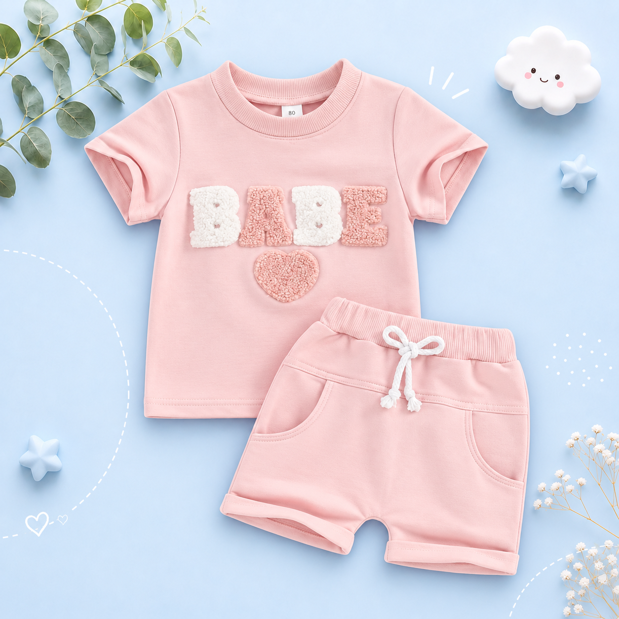 The Devon - Baby Unisex Fuzzy Heart Letter Embroidery Short Sleeve T-Shirts & Shorts