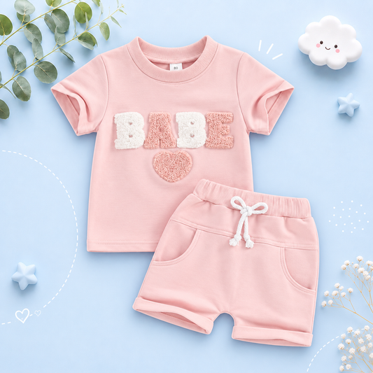 The Devon - Baby Unisex Fuzzy Heart Letter Embroidery Short Sleeve T-Shirts & Shorts