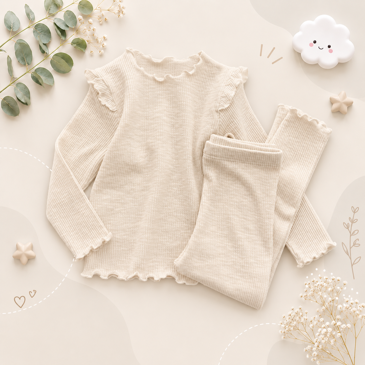 The Alitzel - Baby Unisex Plain Beige Pajamas Set