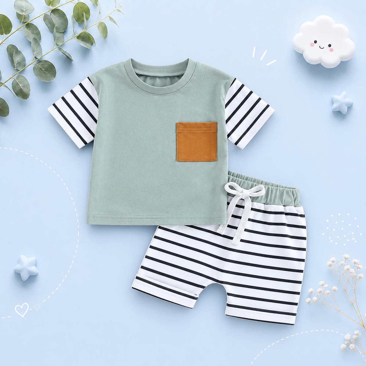The Jahmir - Baby Boy Short Sleeve Crew Neck Pocket T-shirt with Striped Shorts