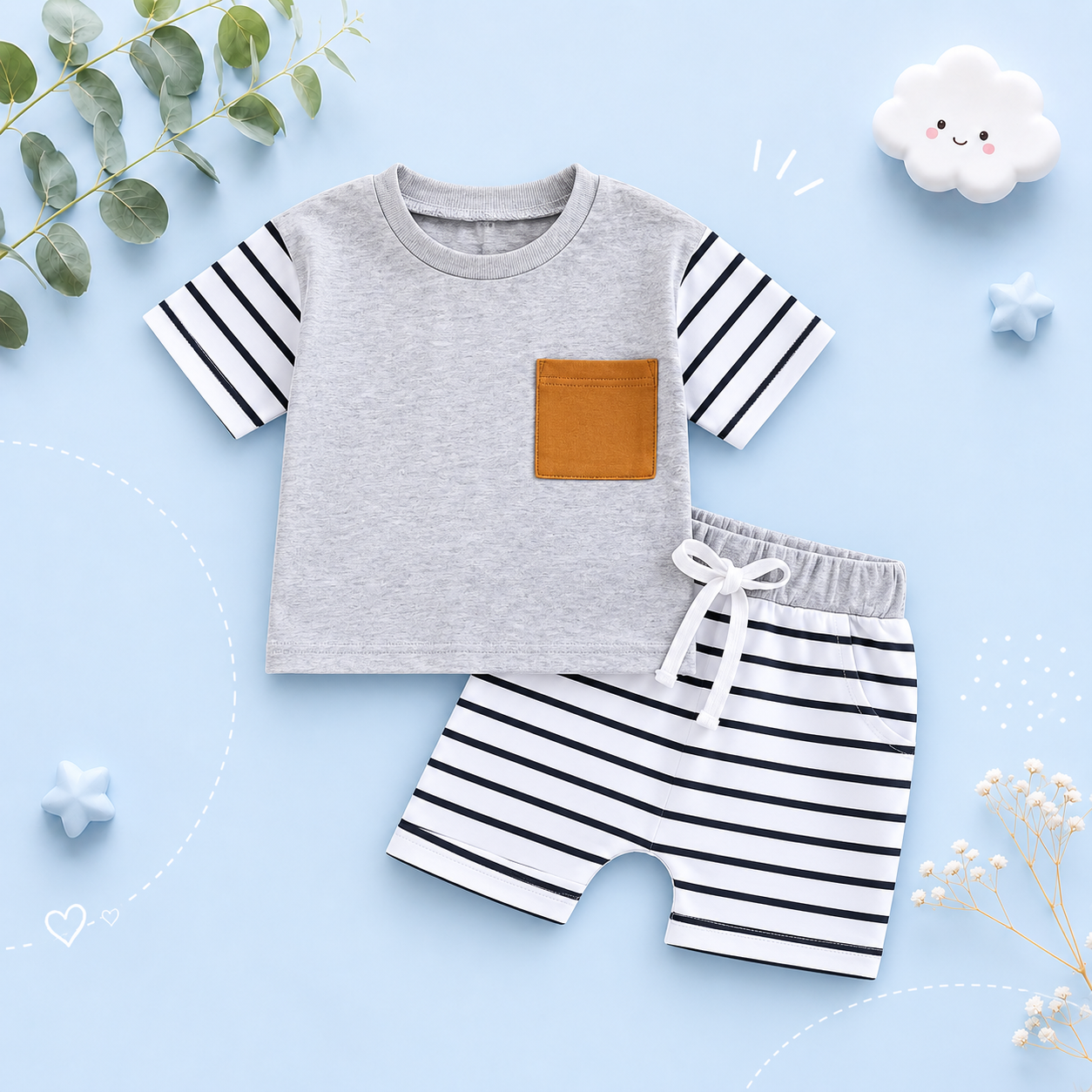 The Jahmir - Baby Boy Short Sleeve Crew Neck Pocket T-shirt with Striped Shorts