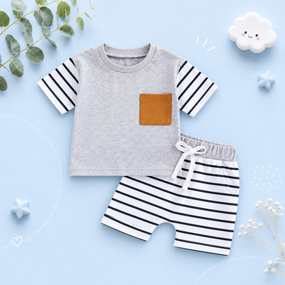 The Jahmir - Baby Boy Short Sleeve Crew Neck Pocket T-shirt with Striped Shorts