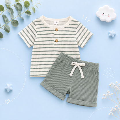 The Kyren - Baby Boy Ribbed Stripe Short Sleeve Button T-Shirt + Shorts