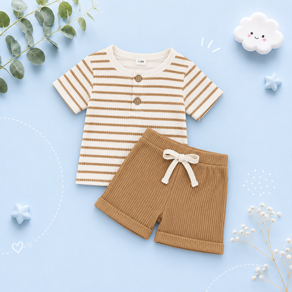 The Kyren - Baby Boy Ribbed Stripe Short Sleeve Button T-Shirt + Shorts