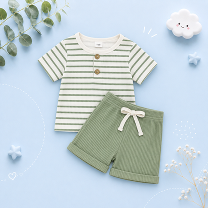 The Kyren - Baby Boy Ribbed Stripe Short Sleeve Button T-Shirt + Shorts