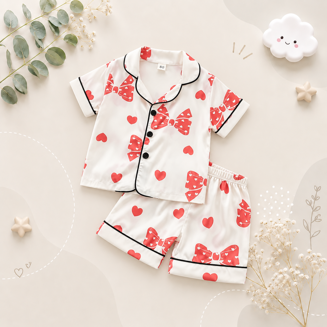 The Emryn - Baby Unisex Cute Red Ribbon Print Pajamas Set