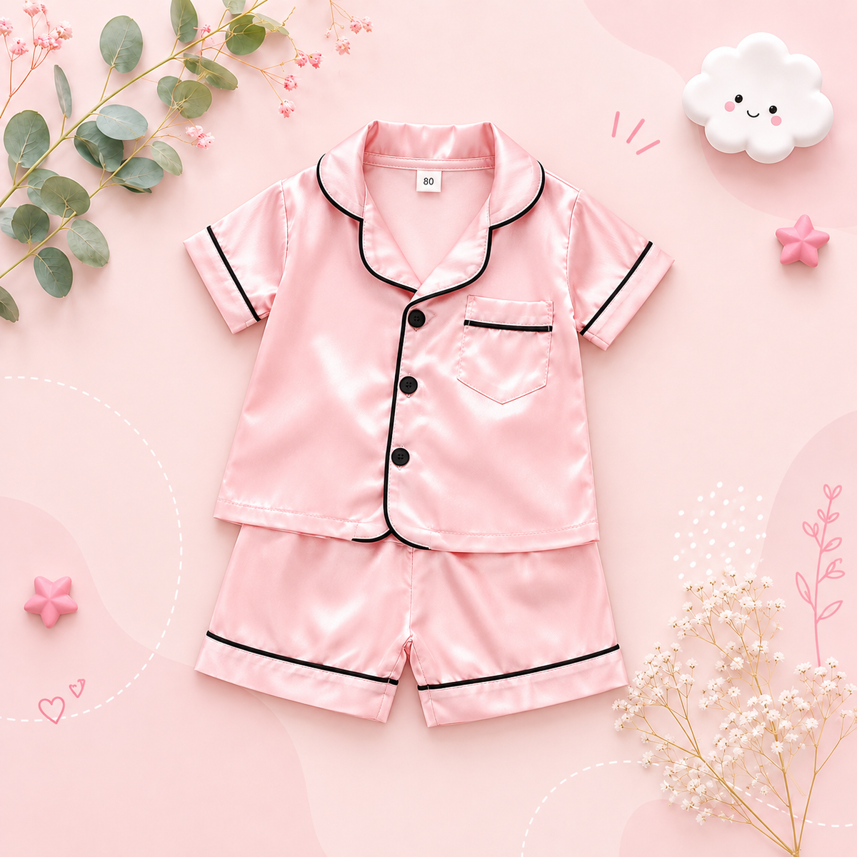 The Elodie - Baby Girl Cute Print Pajamas Set - Plain Pink