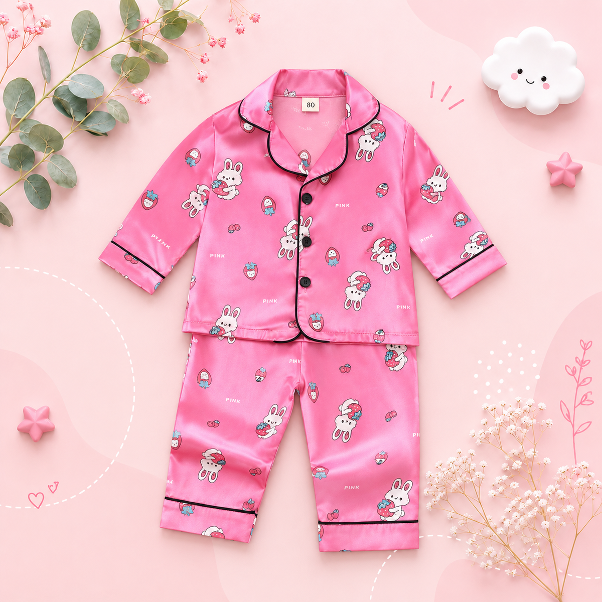 The Maeve - Baby Girl Cute Print Pajamas Set - Dark Pink Rabbit Print