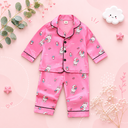 The Maeve - Baby Girl Cute Print Pajamas Set - Dark Pink Rabbit Print