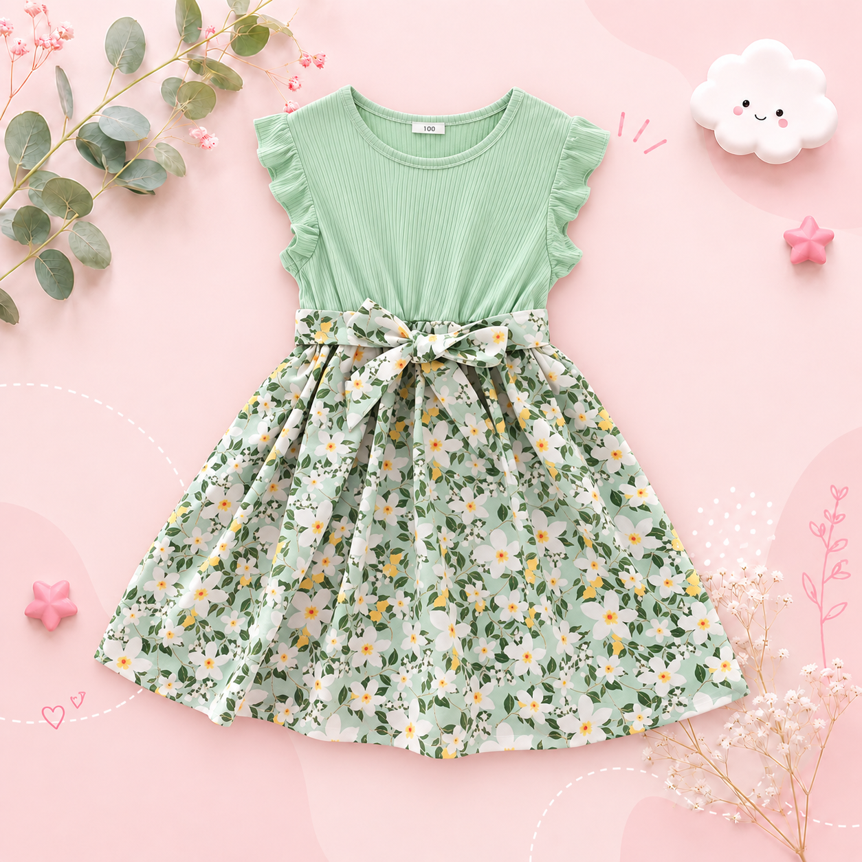 The Charlotte - Baby Girl Green Sweet Kids Flowers Patchwork Dress