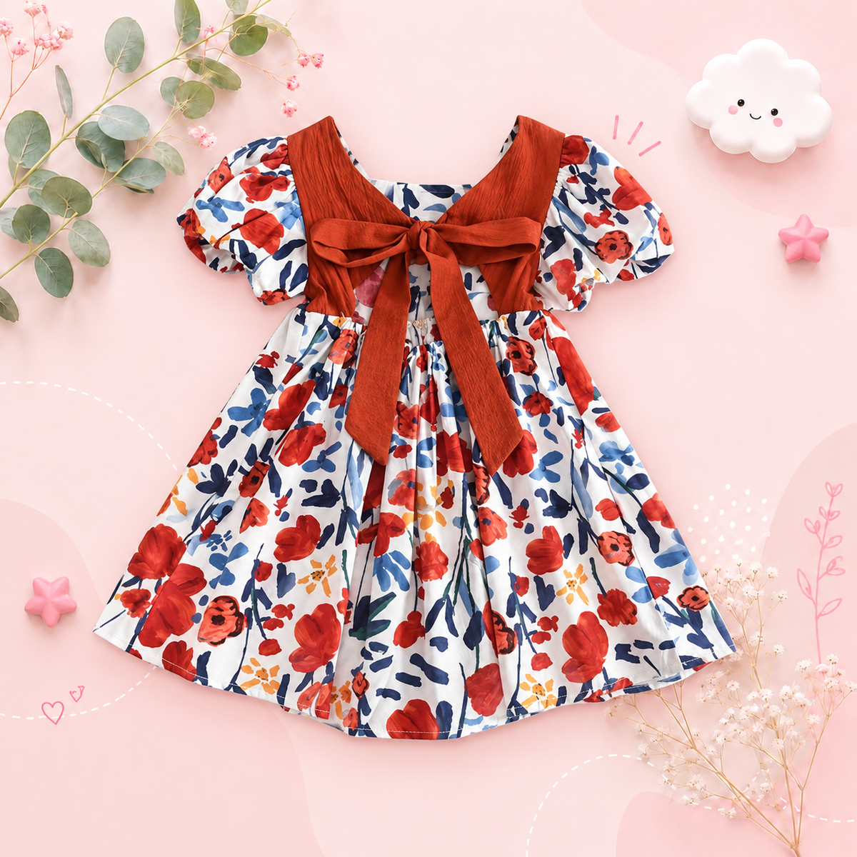 The Aurora - Baby Girl Floral Princess Dress Backless Tie Bow Puff Sleeve