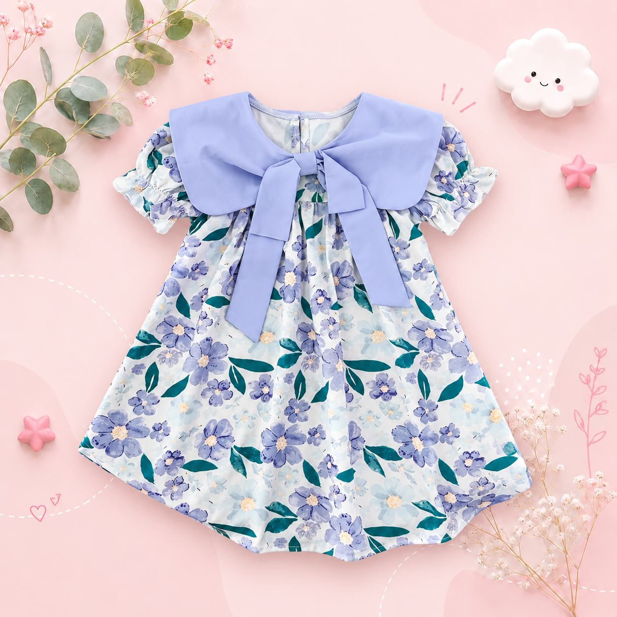 The Ava - Baby Girl Flip Neck Bow Flower Print Bubble Sleeve Dress