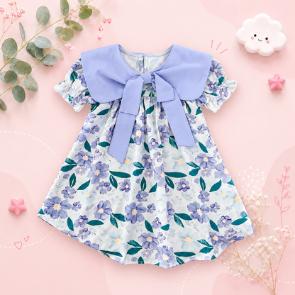The Ava - Baby Girl Flip Neck Bow Flower Print Bubble Sleeve Dress