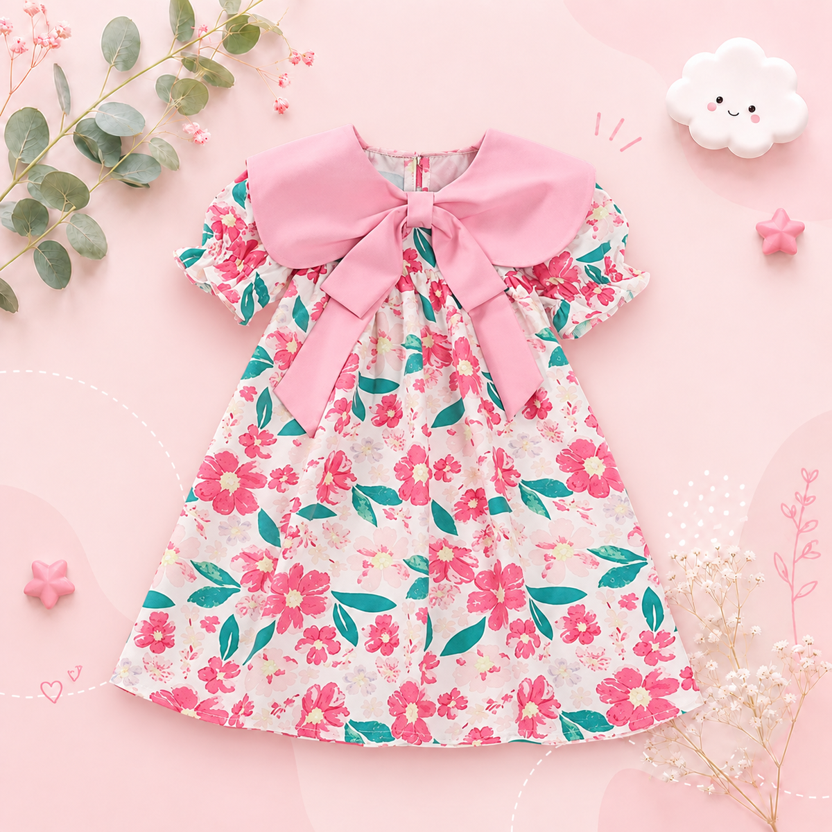 The Ava - Baby Girl Flip Neck Bow Flower Print Bubble Sleeve Dress