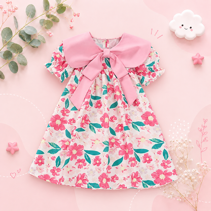 The Ava - Baby Girl Flip Neck Bow Flower Print Bubble Sleeve Dress