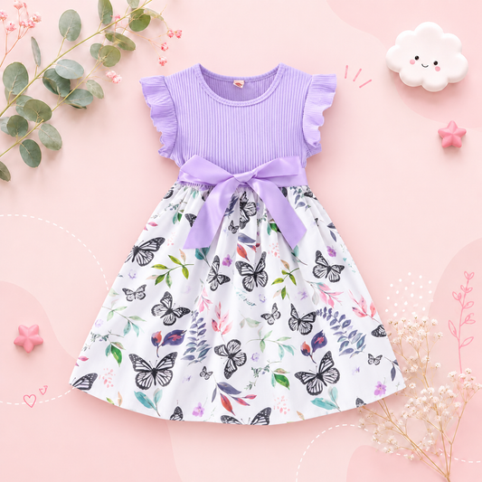 The Mia - Baby Girl Ruffled Sleeve Butterfly Floral Dress with Belt