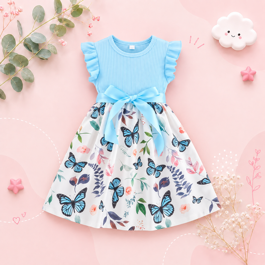 The Mia - Baby Girl Ruffled Sleeve Butterfly Floral Dress with Belt