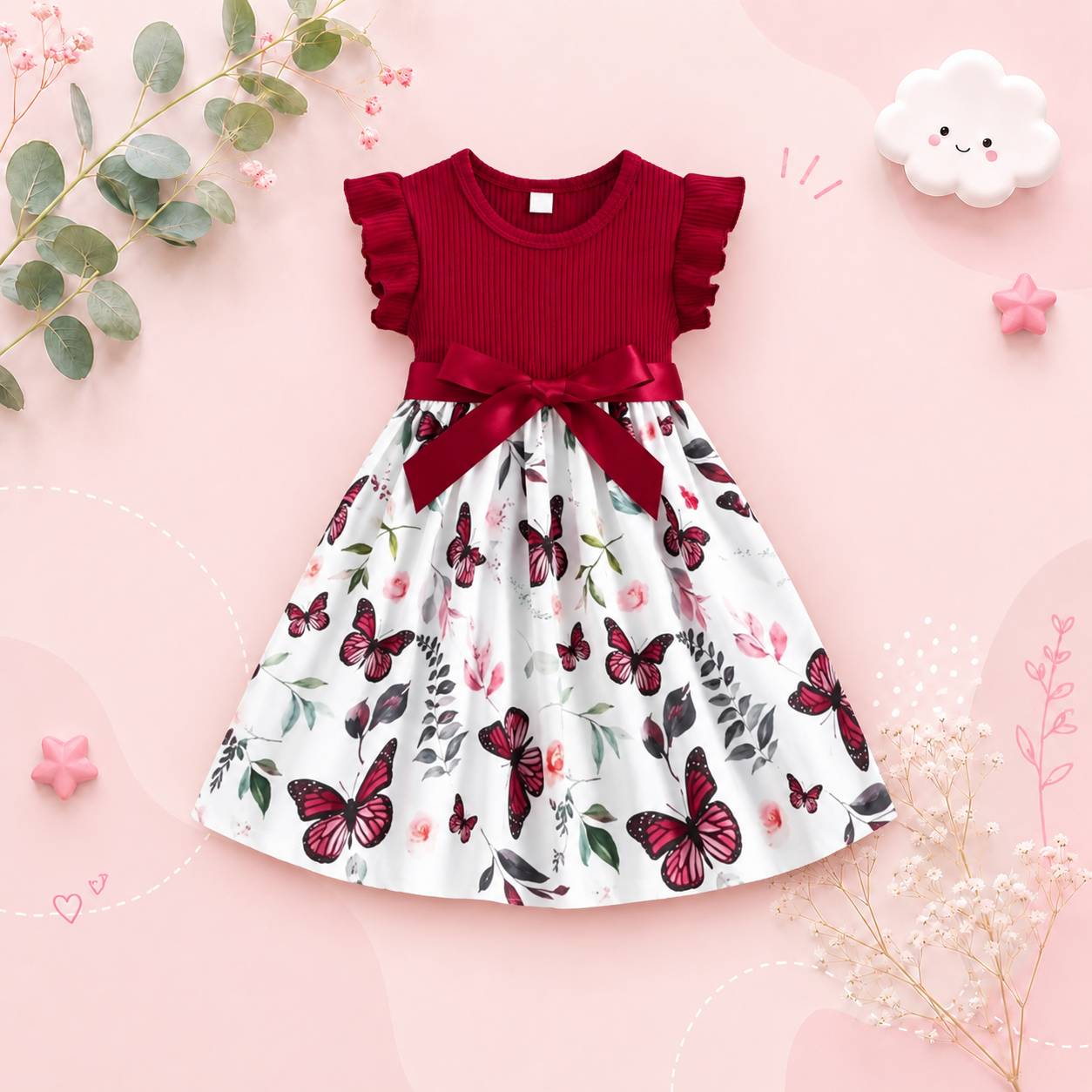 The Mia - Baby Girl Ruffled Sleeve Butterfly Floral Dress with Belt
