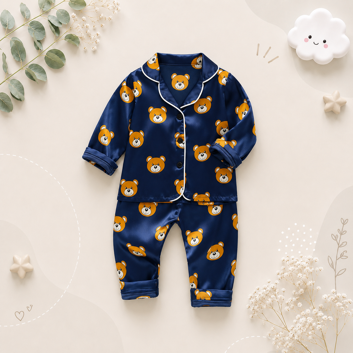 The Aziel - Baby Navy Blue Bear Print Pajamas Set