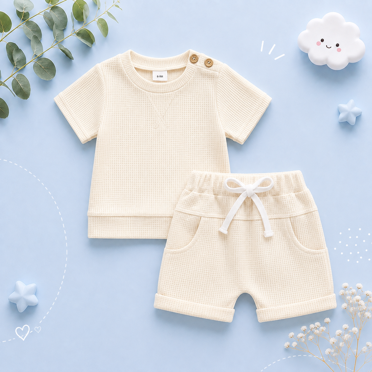 The Landon - Baby Boy Short Sleeve Crewneck Tops and Solid Color Drawstring Shorts