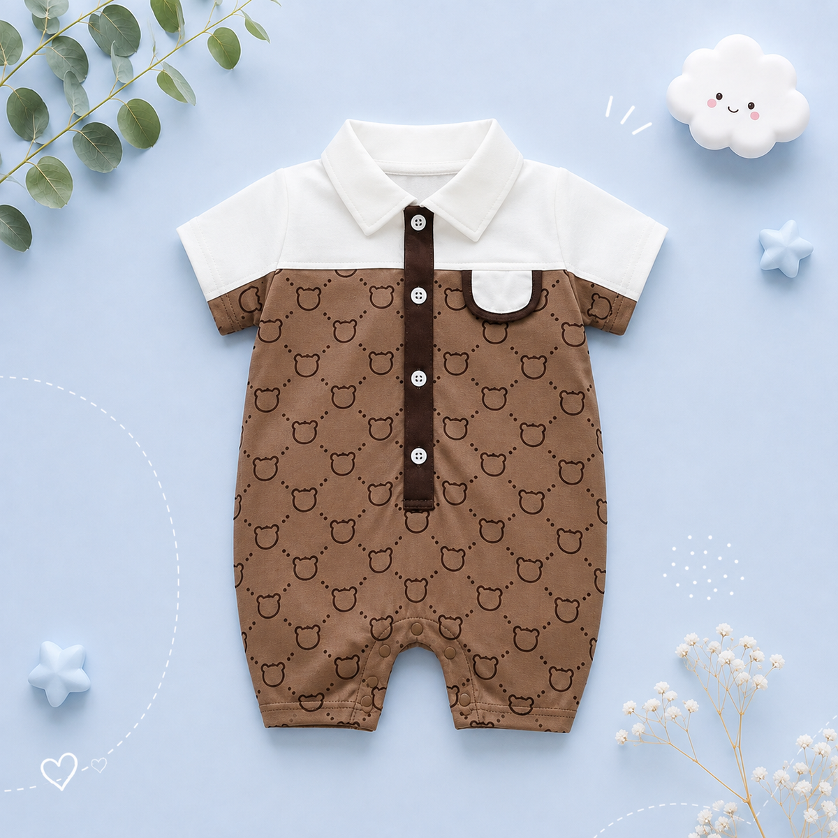 The Jose - Baby Unisex Bear Print Patchwork Short Sleeved Jumpsuit
