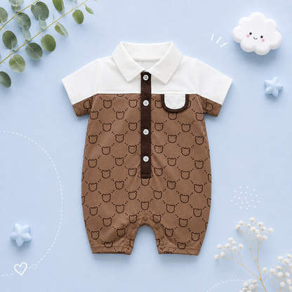 The Jose - Baby Unisex Bear Print Patchwork Short Sleeved Jumpsuit