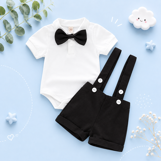 The Mael - Baby Boy Mini Gentleman Outfit Short Sleeve Shirt With Bow + Romper Short Pants