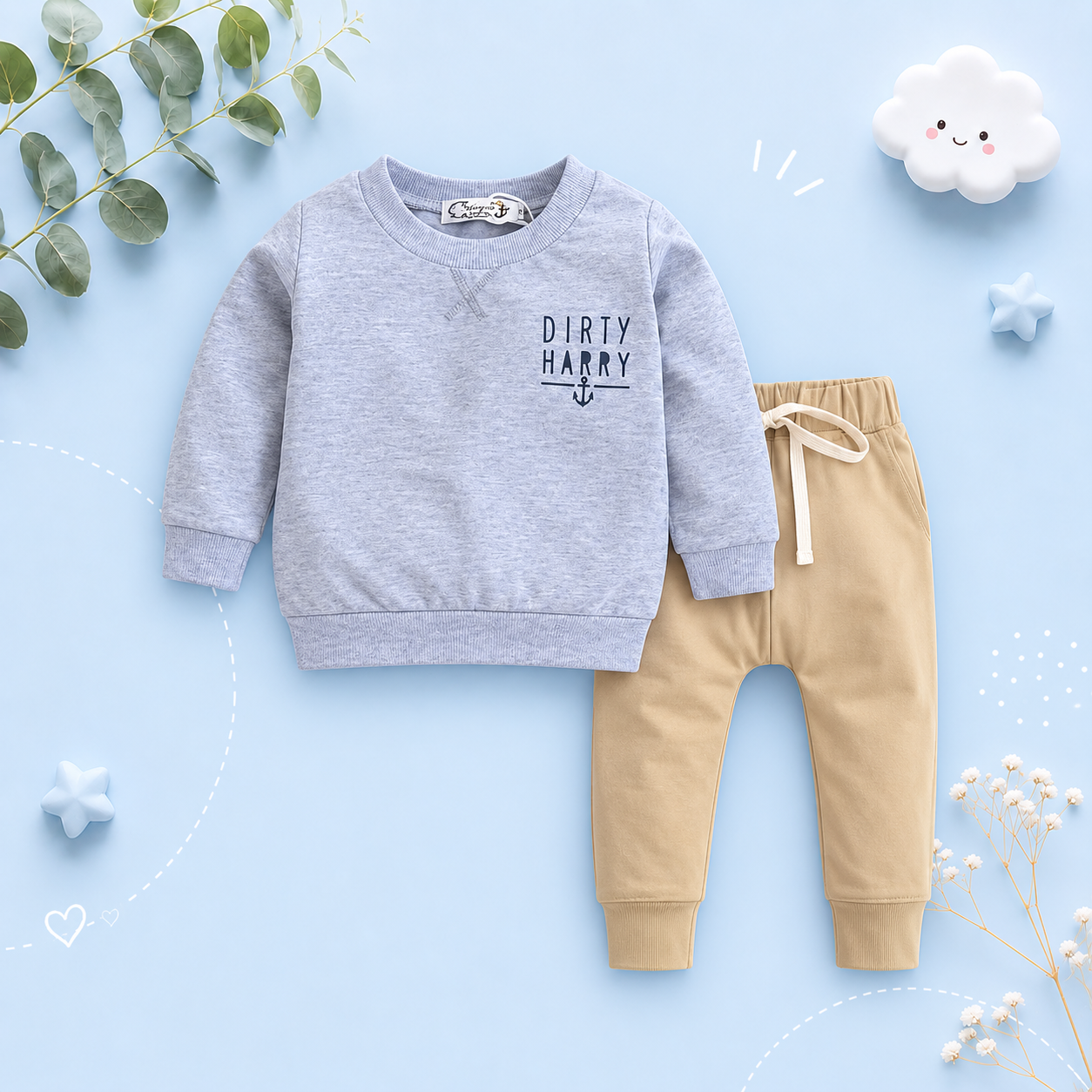 The Waylen - Baby Boy Long Sleeve Grey Dirty Harry Sweater + Khaki Trousers