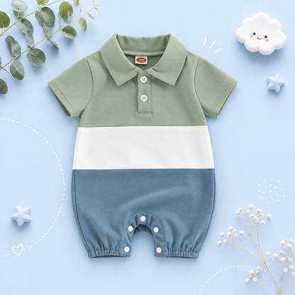 The Caspian - Baby Boy Short Sleeve Lapel Collar Contrast Color Jumpsuits