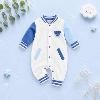 The Thomas - Baby Boy Blue and White Bear Pattern Jumpsuit